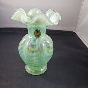 FENTON Green Melon VASE Opalescent Draped